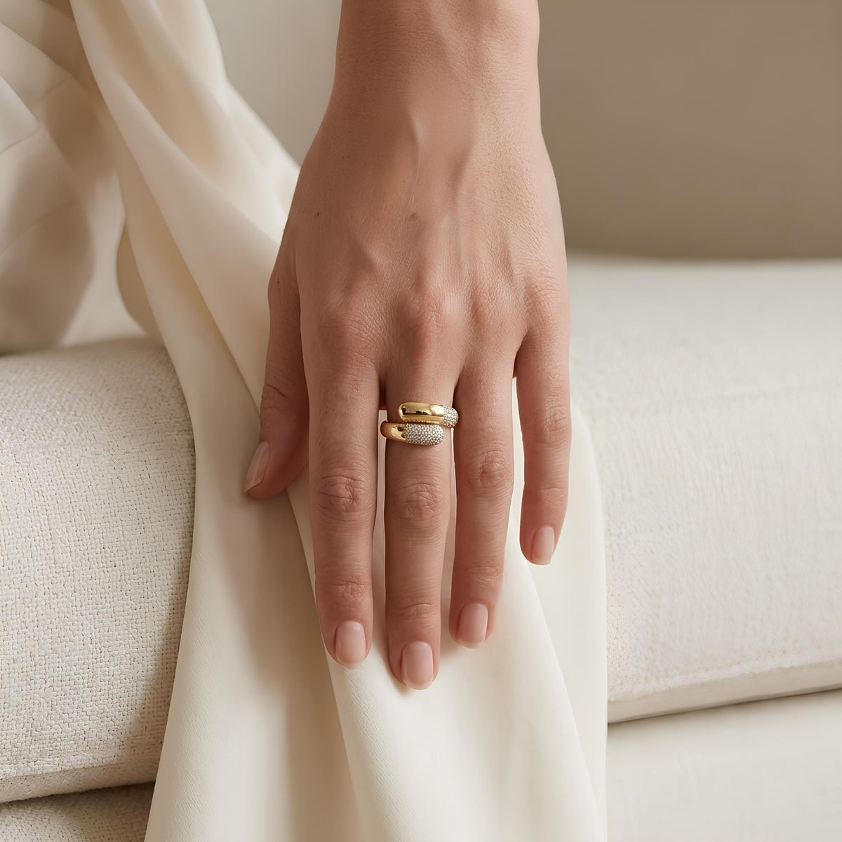 14K / 18K Solid Gold Pave Crossover Ring
