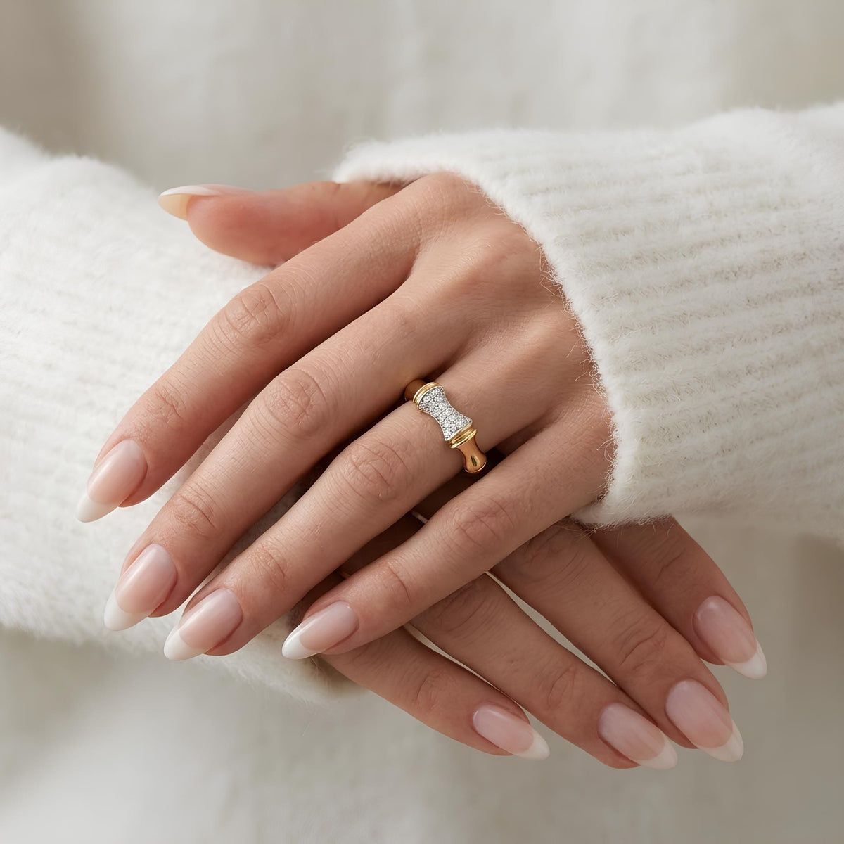 14K / 18K Solid Gold Bamboo Zircon Ring