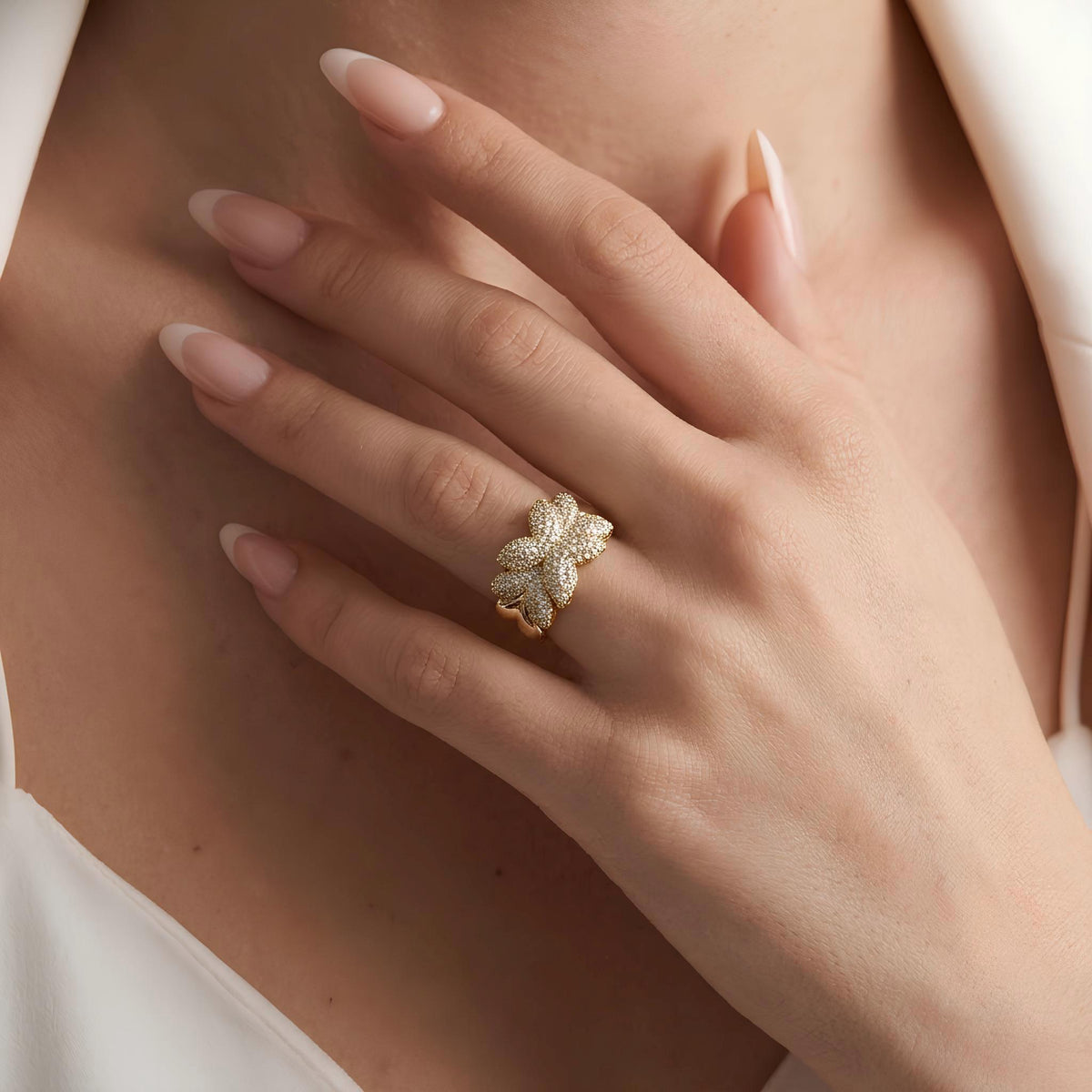 14K / 18K Solid Gold Pave Flower Ring