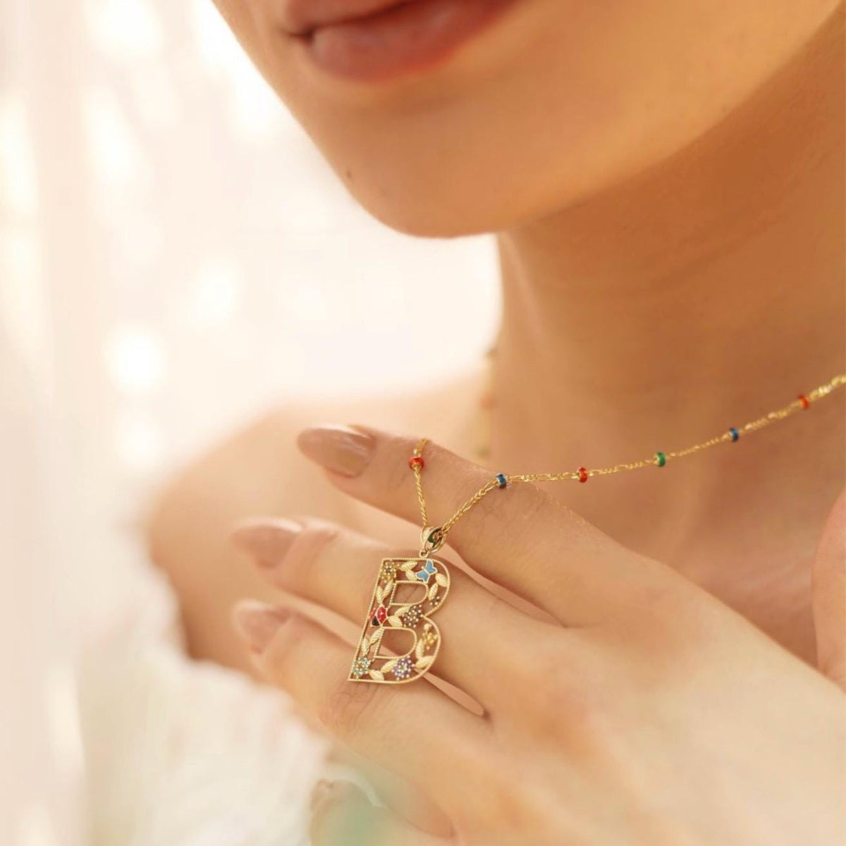 14K Solid Gold Colorful Initial Necklace