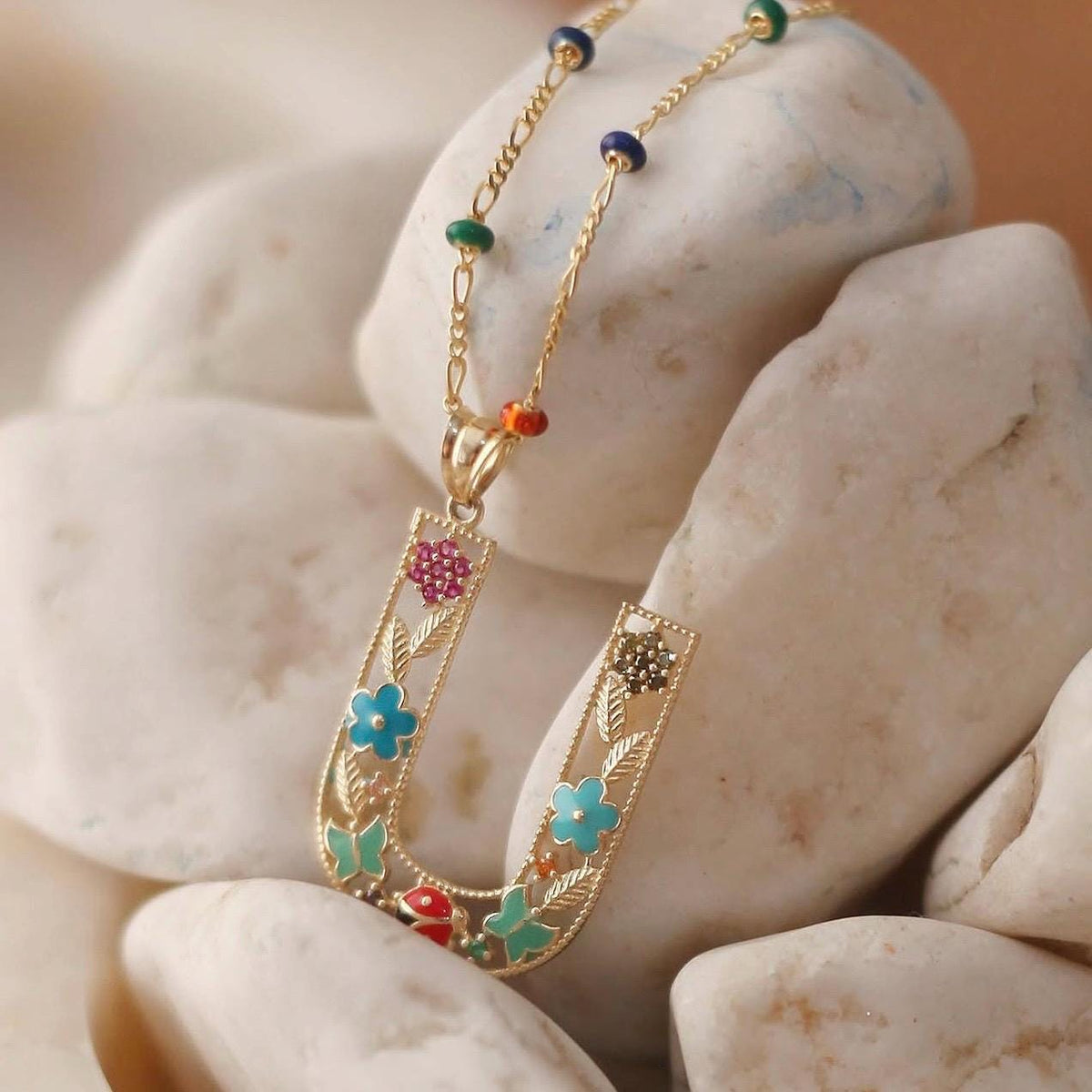 14K Solid Gold Colorful Initial Necklace