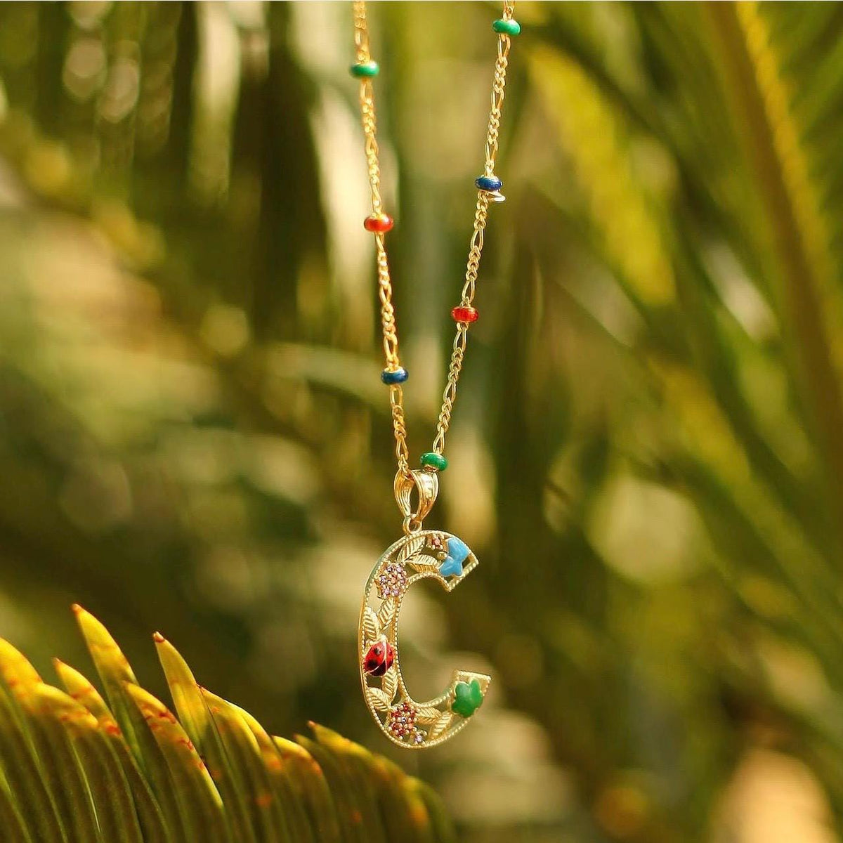 14K Solid Gold Colorful Initial Necklace