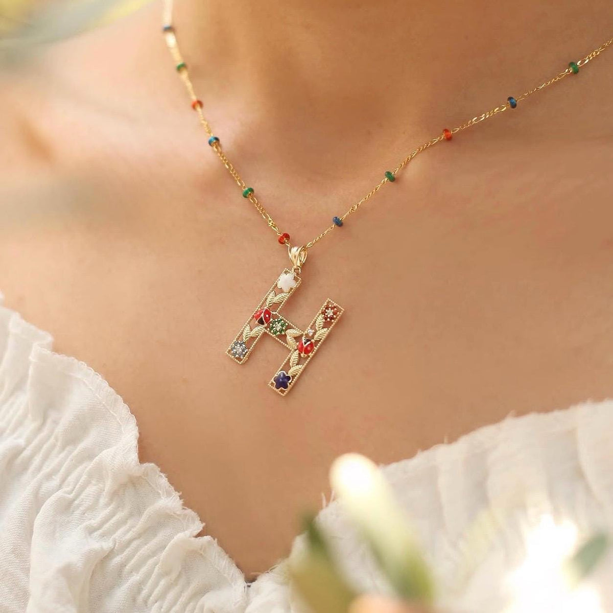 14K Solid Gold Colorful Initial Necklace