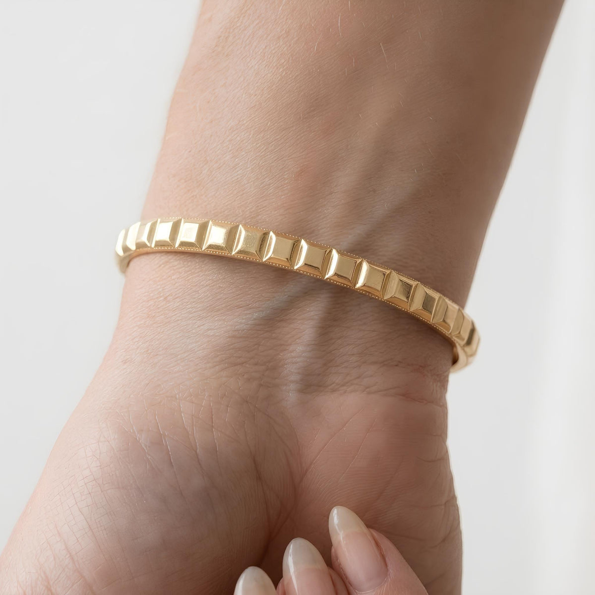 14K / 18K Solid Gold Pave Pyramid Stud Bangle