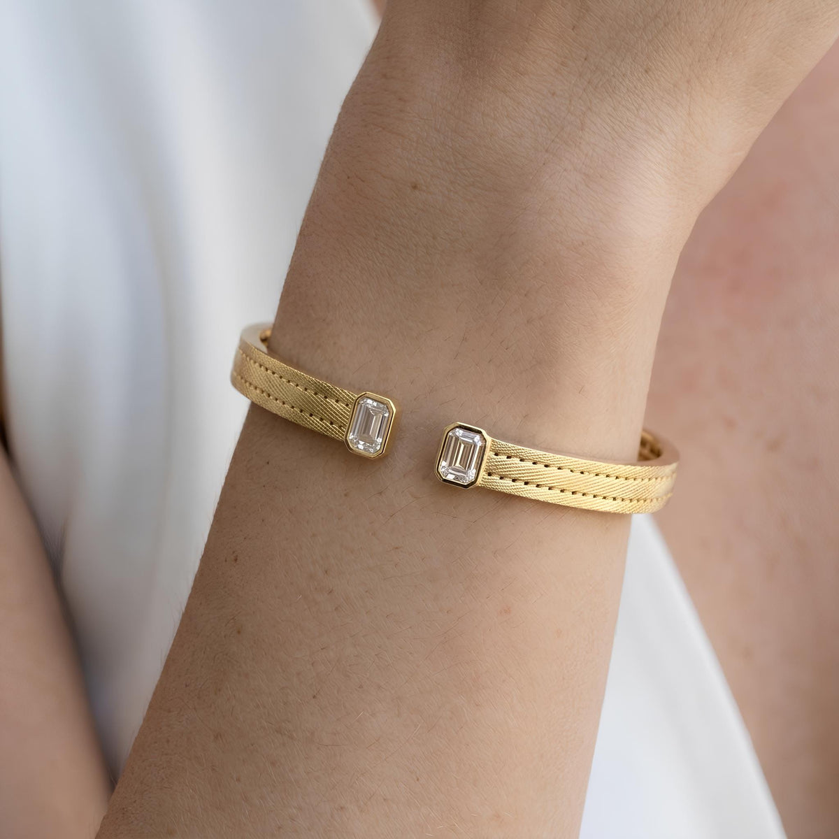 14K / 18K Solid Gold Emerald Cut Zircon Open Bangle