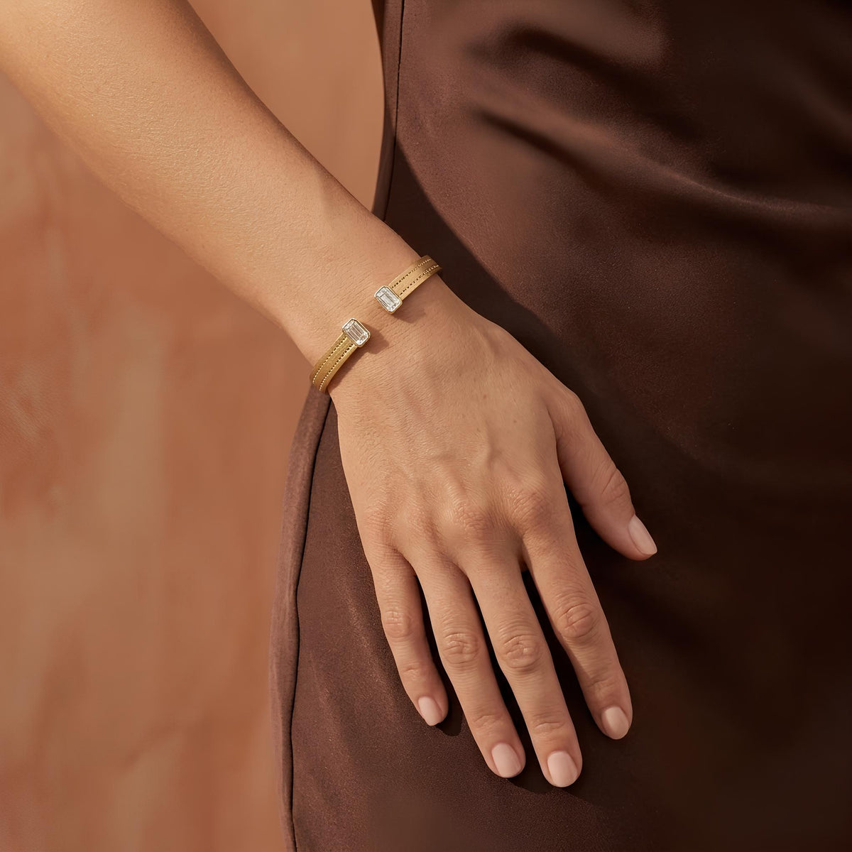 14K / 18K Solid Gold Emerald Cut Zircon Open Bangle