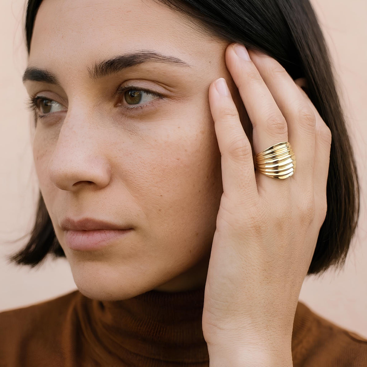 14K / 18K Solid Gold Ribbed Dome Ring
