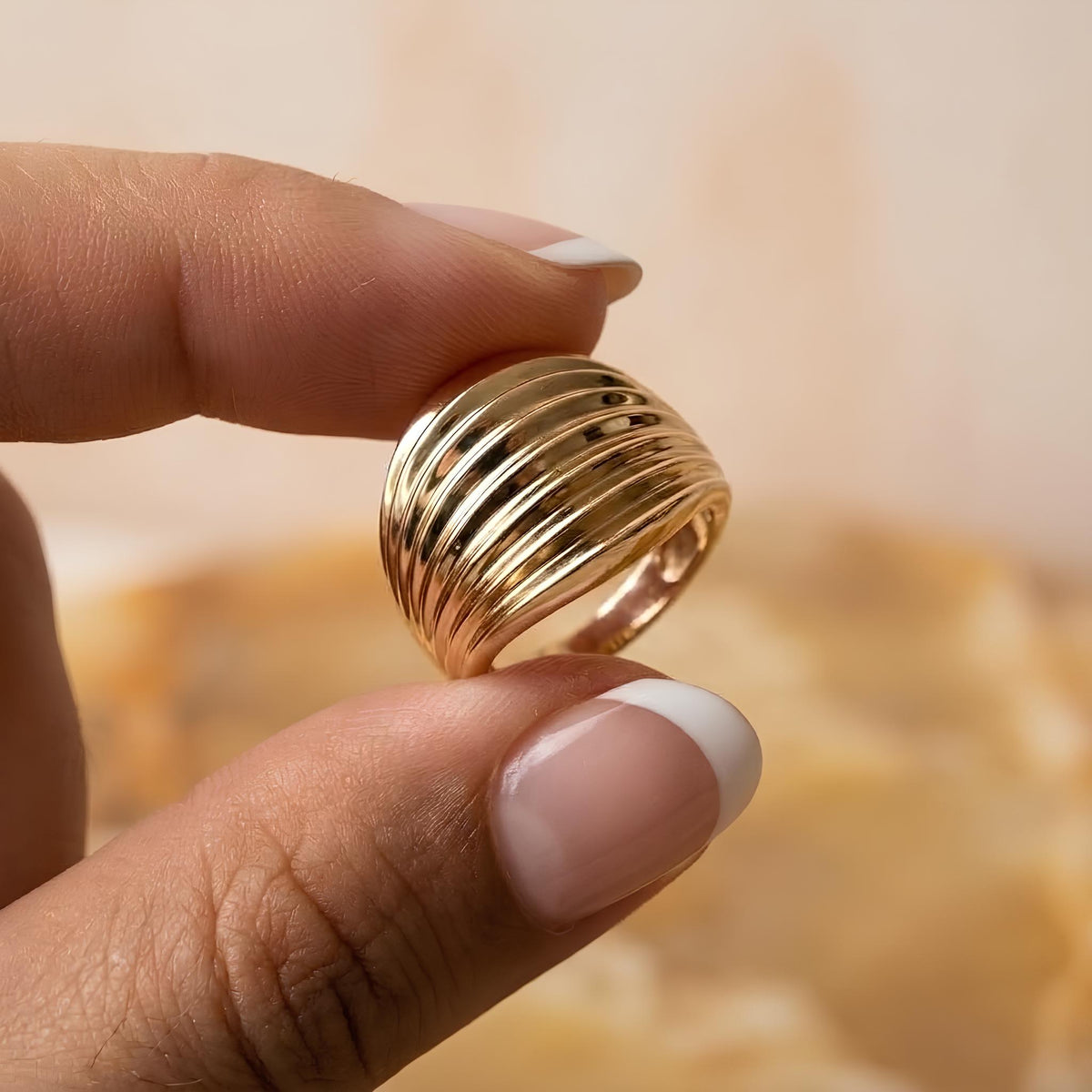 14K / 18K Solid Gold Ribbed Dome Ring