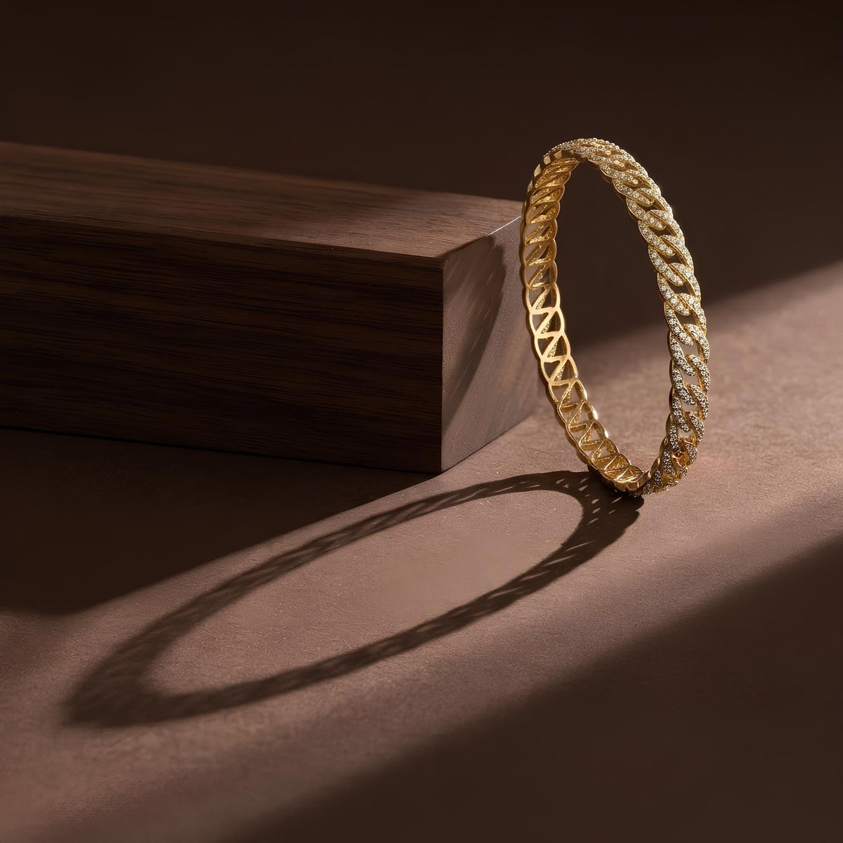 14K / 18K Solid Gold Pave Zircon Curb Bangle
