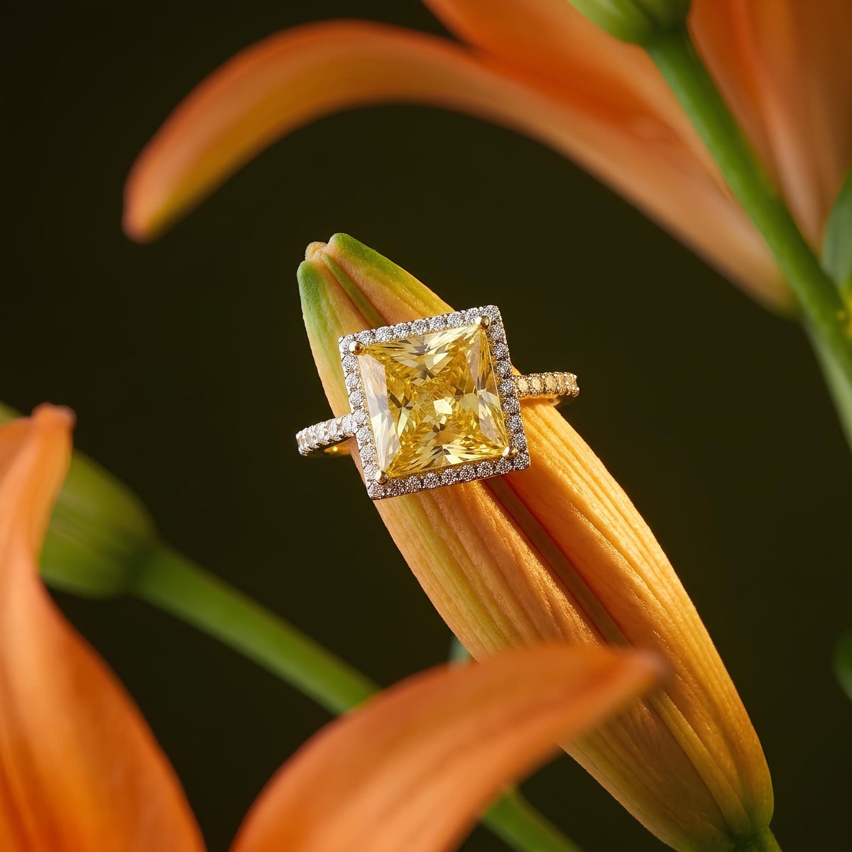 14K / 18K Solid Gold Yellow Zircon Halo Ring