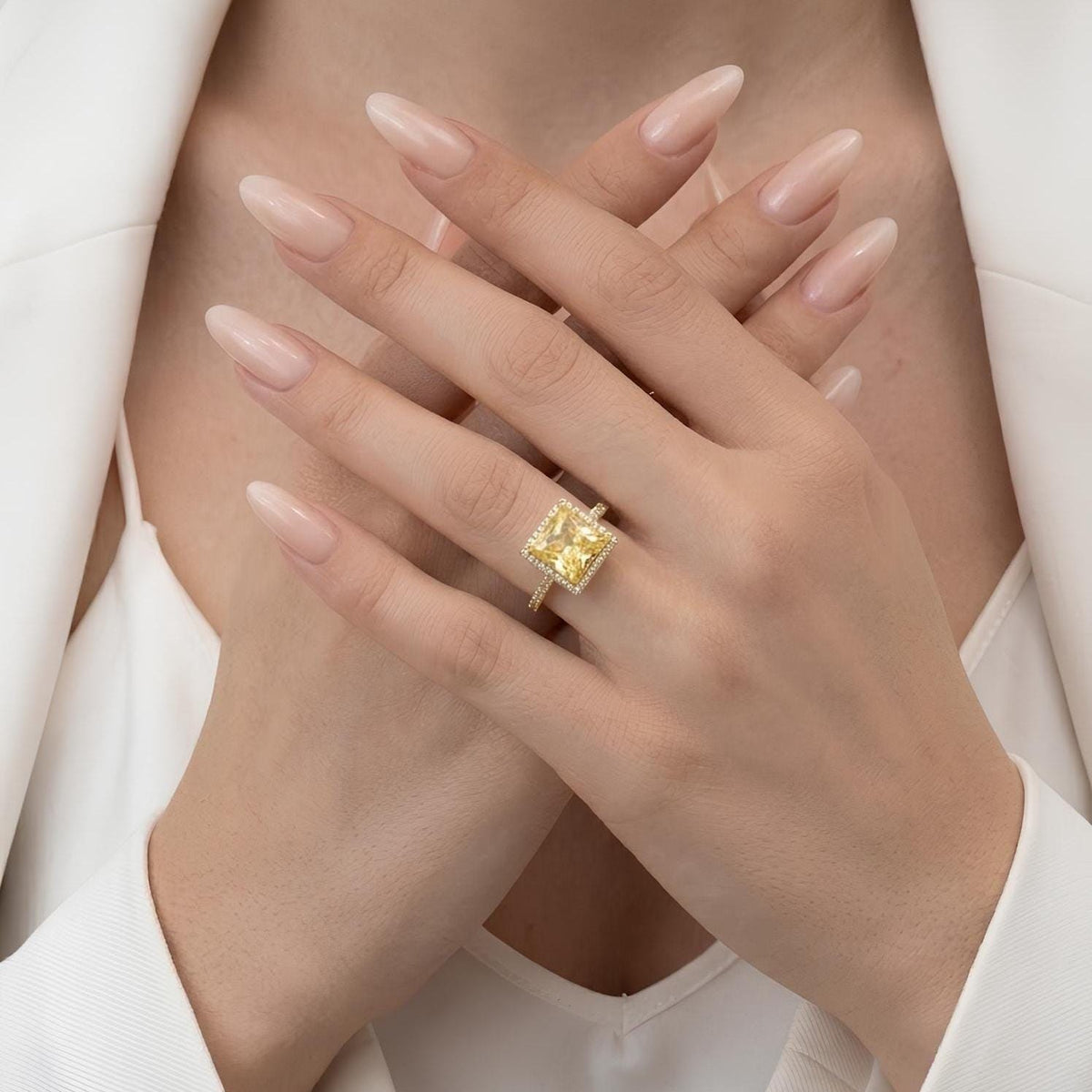 14K / 18K Solid Gold Yellow Zircon Halo Ring