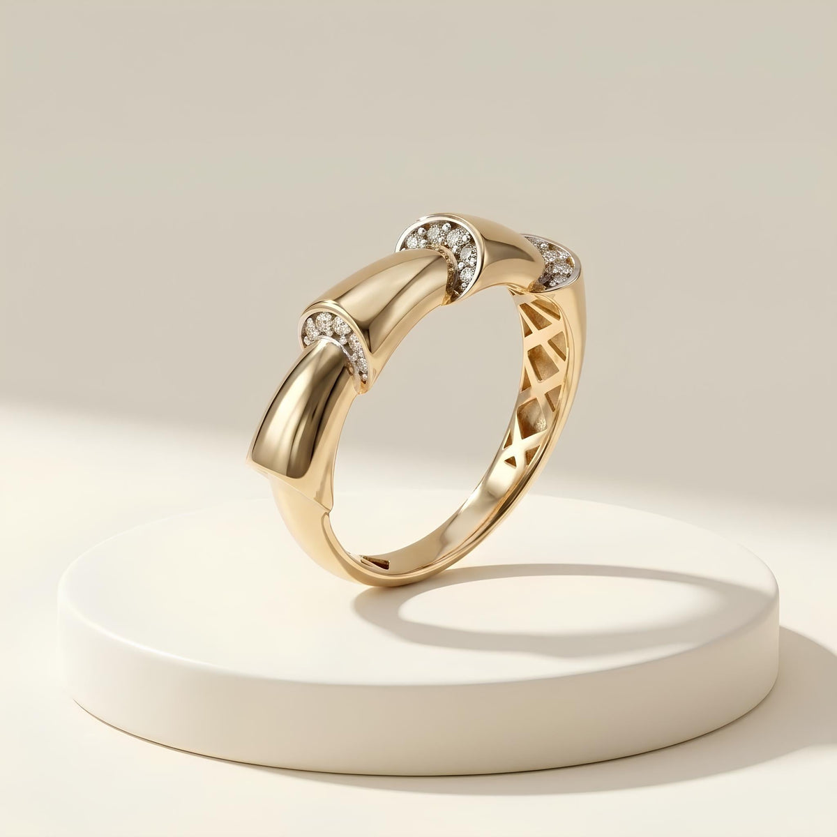 14K / 18K Solid Gold Pave Bamboo Ring