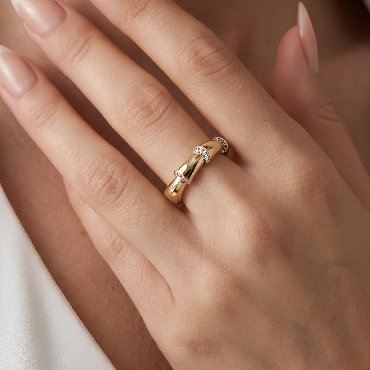 14K / 18K Solid Gold Pave Bamboo Ring