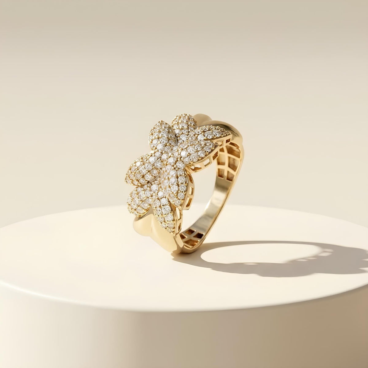 14K / 18K Solid Gold Pave Flower Ring