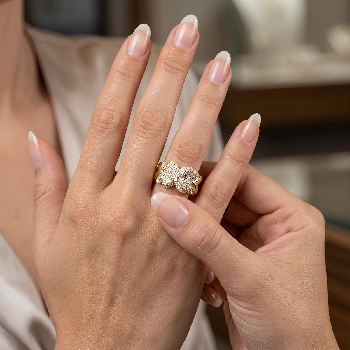 14K / 18K Solid Gold Pave Flower Ring