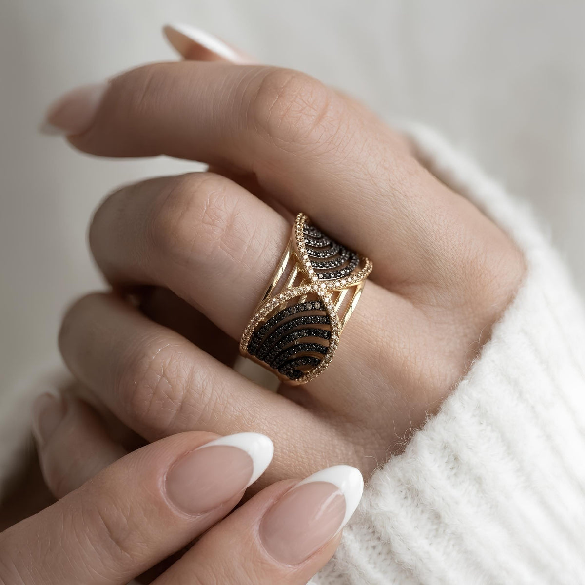 14K / 18K Solid Gold Black Pave Angel Wing Ring