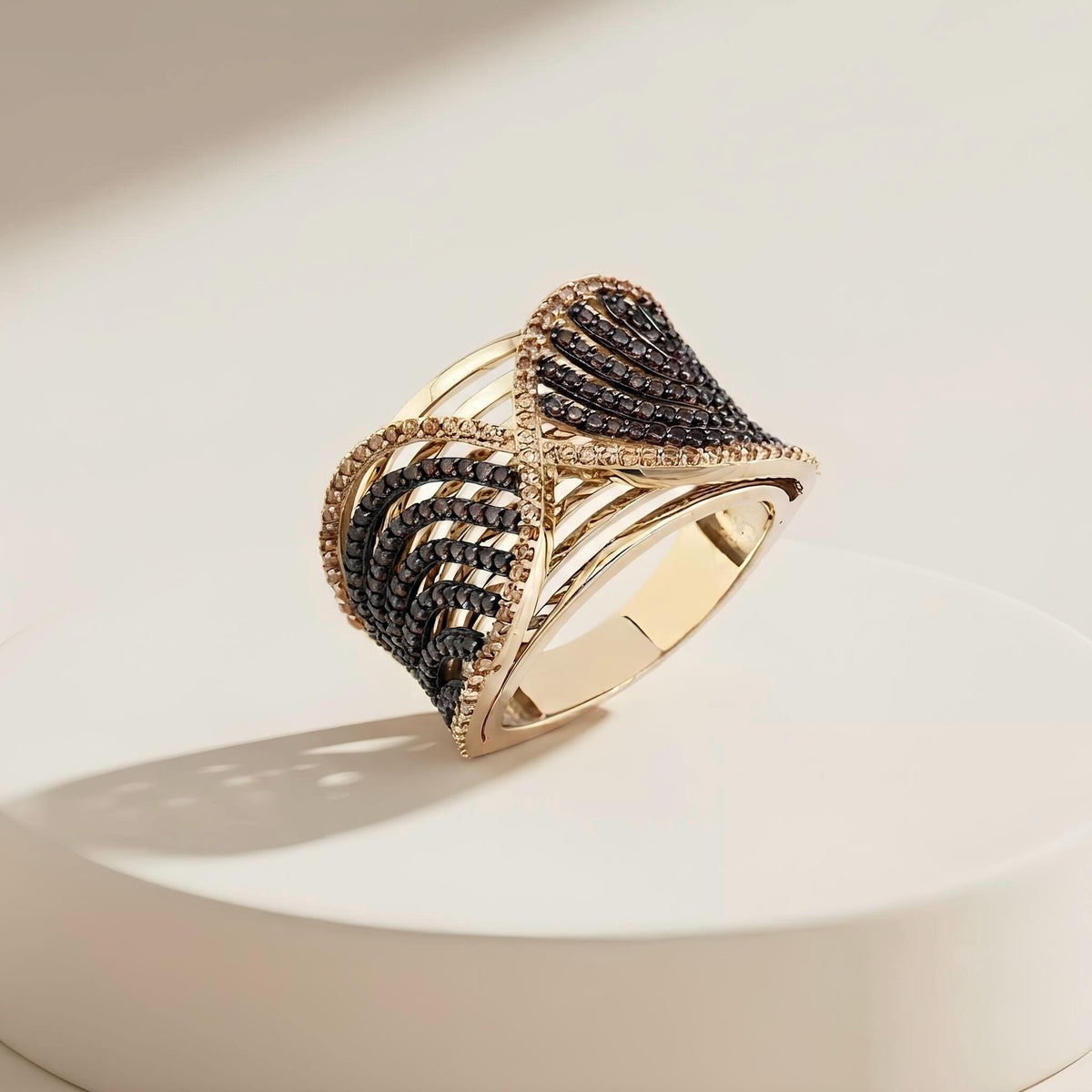 14K / 18K Solid Gold Black Pave Angel Wing Ring