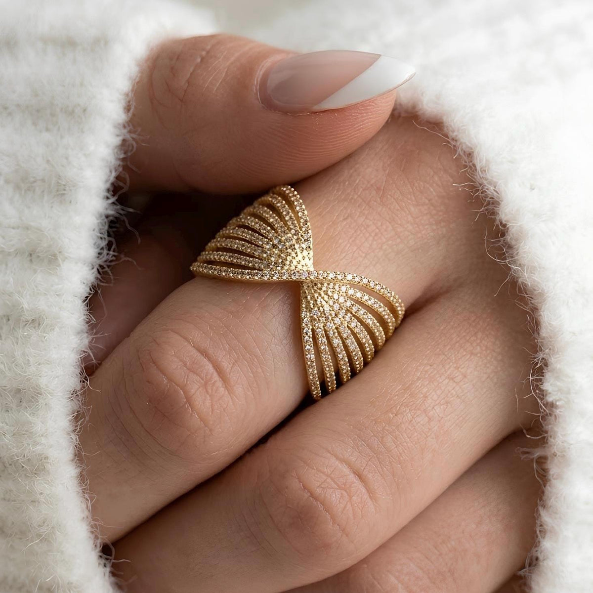 14K / 18K Solid Gold Pave Angel Wing Ring