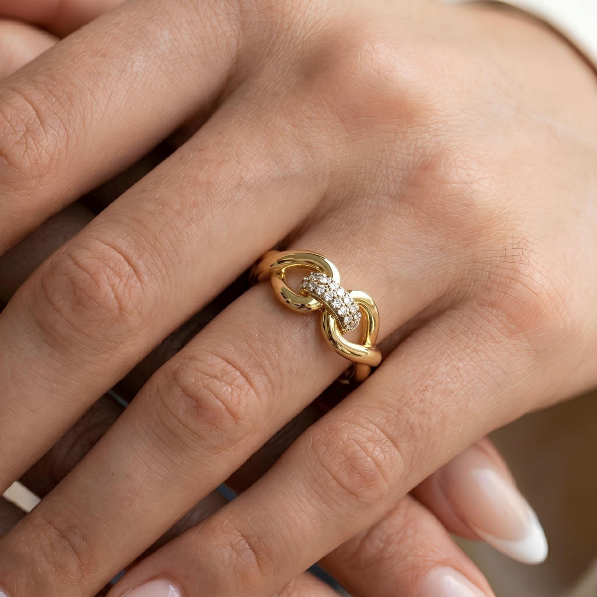 14K / 18K Solid Gold Pave Link Ring