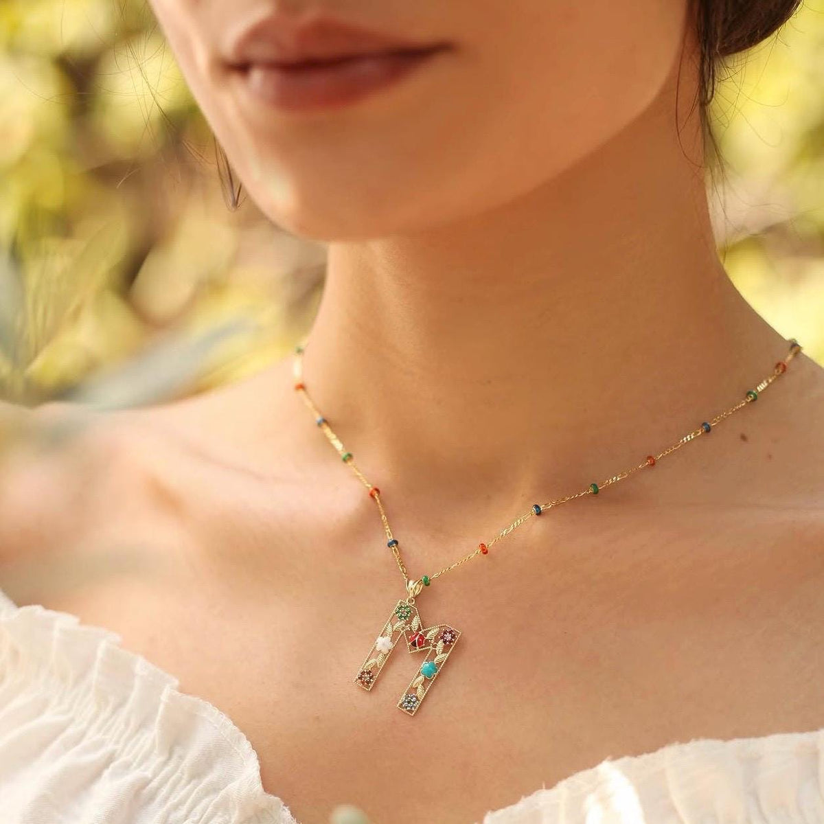 14K Solid Gold Colorful Initial Necklace