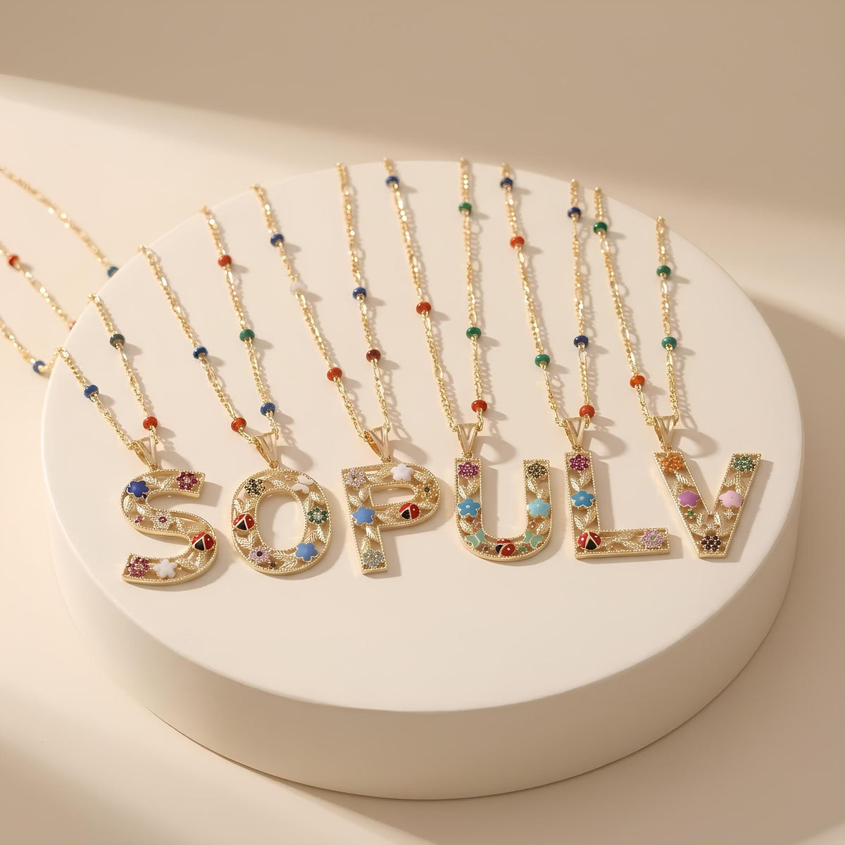 14K Solid Gold Colorful Initial Necklace
