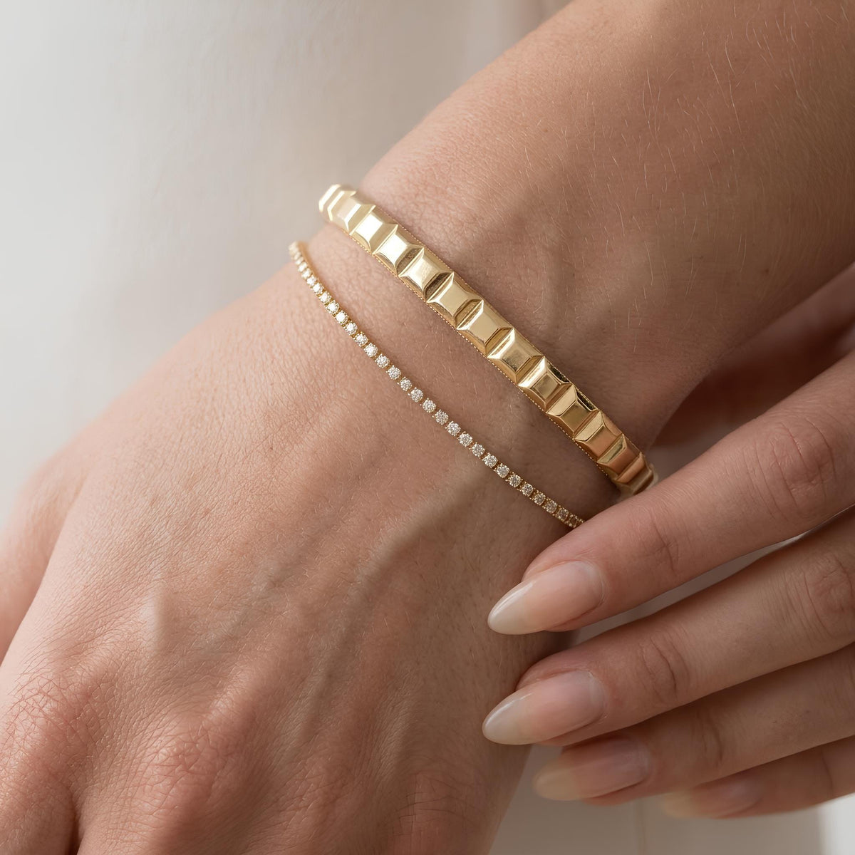 14K / 18K Solid Gold Pave Pyramid Stud Bangle