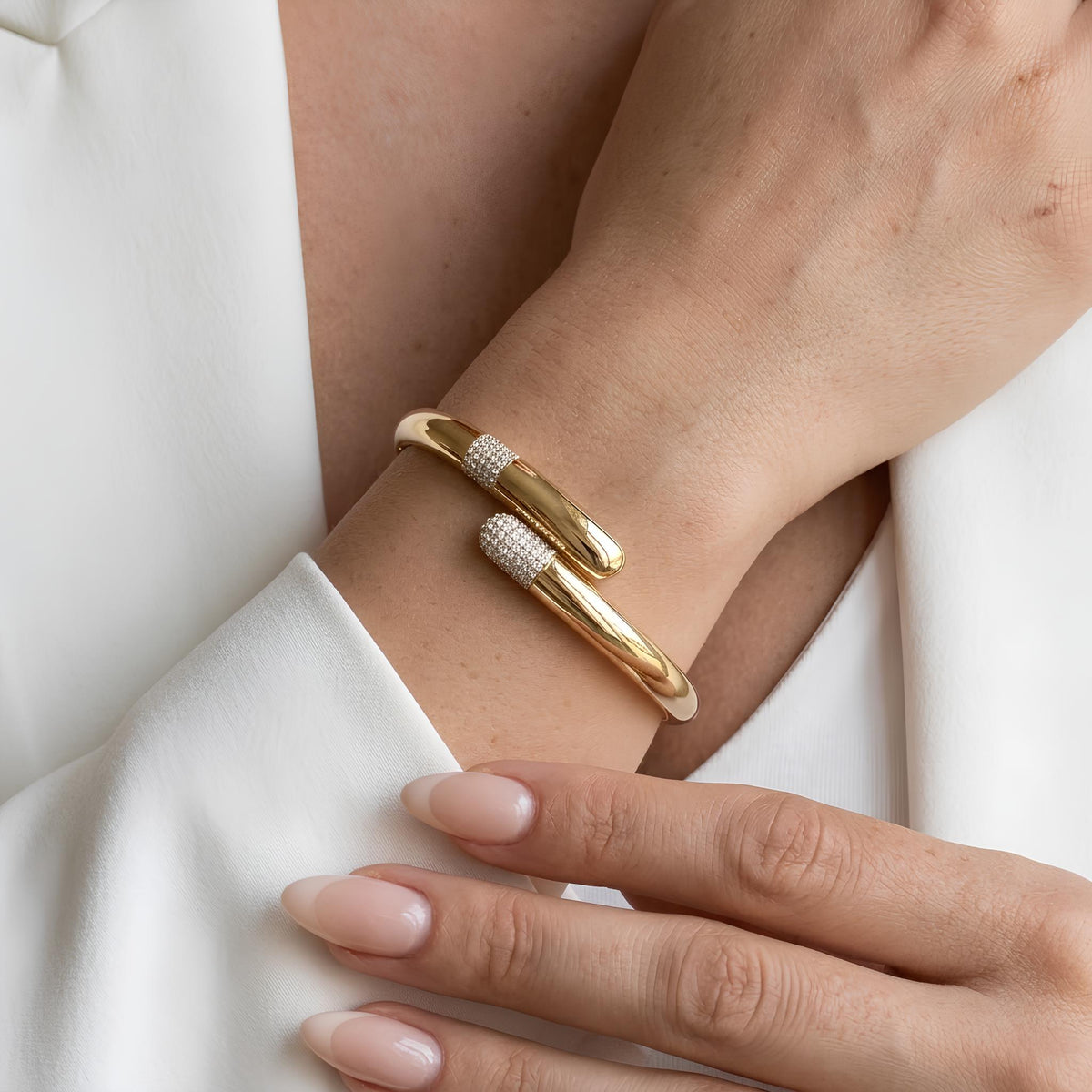 14K / 18K Solid Gold Pavé Zircon Bypass Bangle