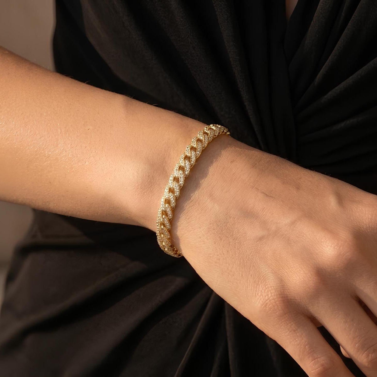 14K / 18K Solid Gold Pave Zircon Curb Bangle