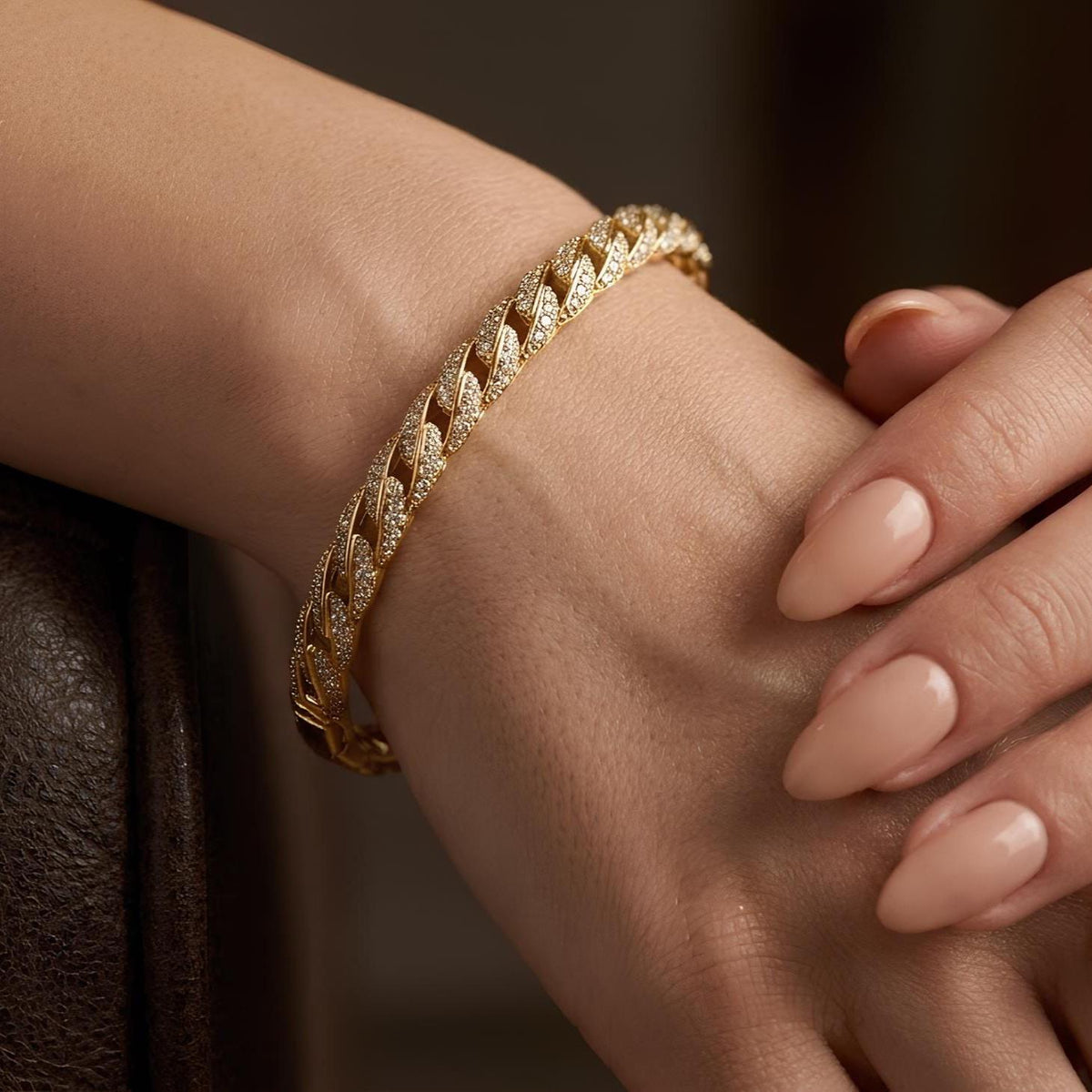 14K / 18K Solid Gold Pave Zircon Curb Bangle