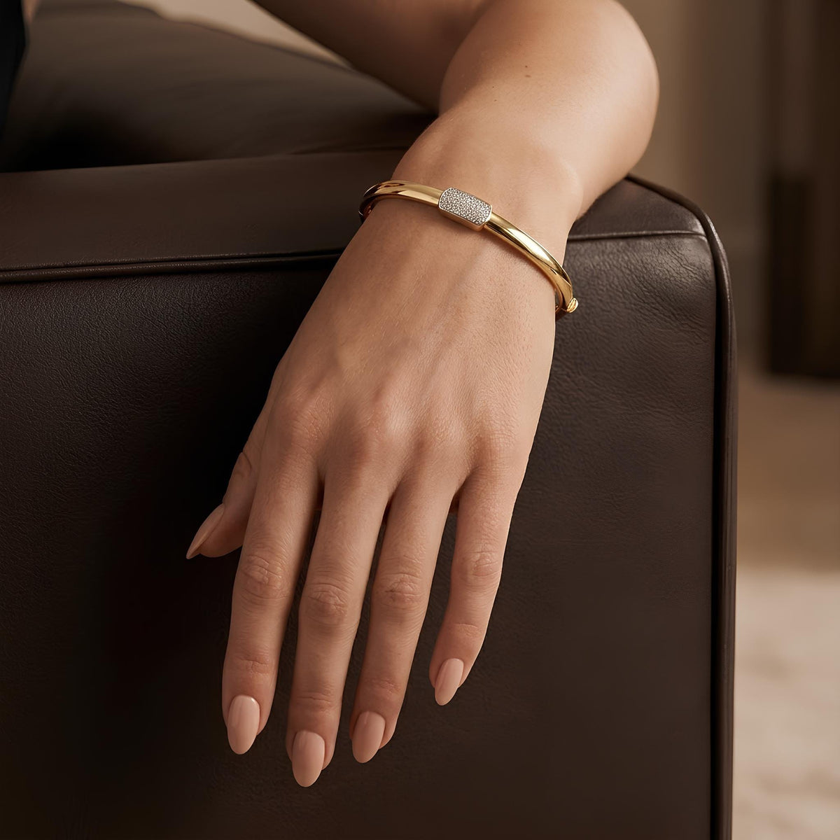 14K / 18K Solid Gold Pave Bar Bangle