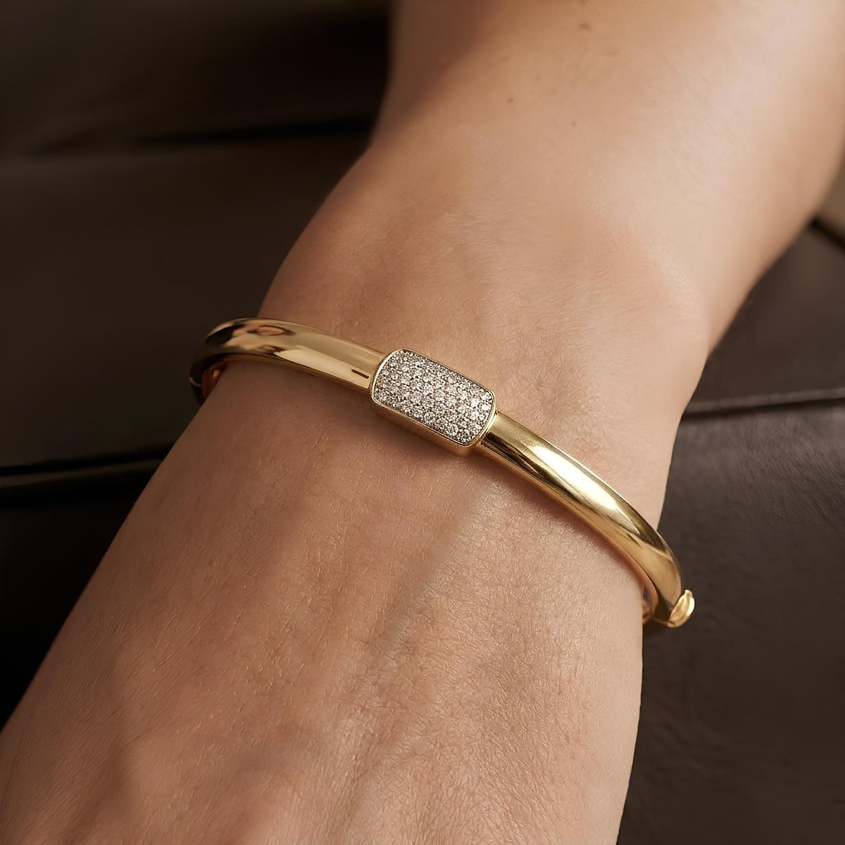 14K / 18K Solid Gold Pave Bar Bangle