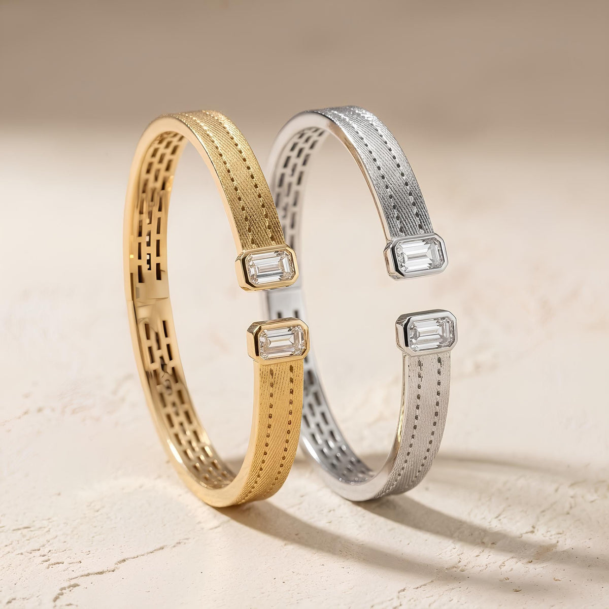 14K / 18K Solid Gold Emerald Cut Zircon Open Bangle