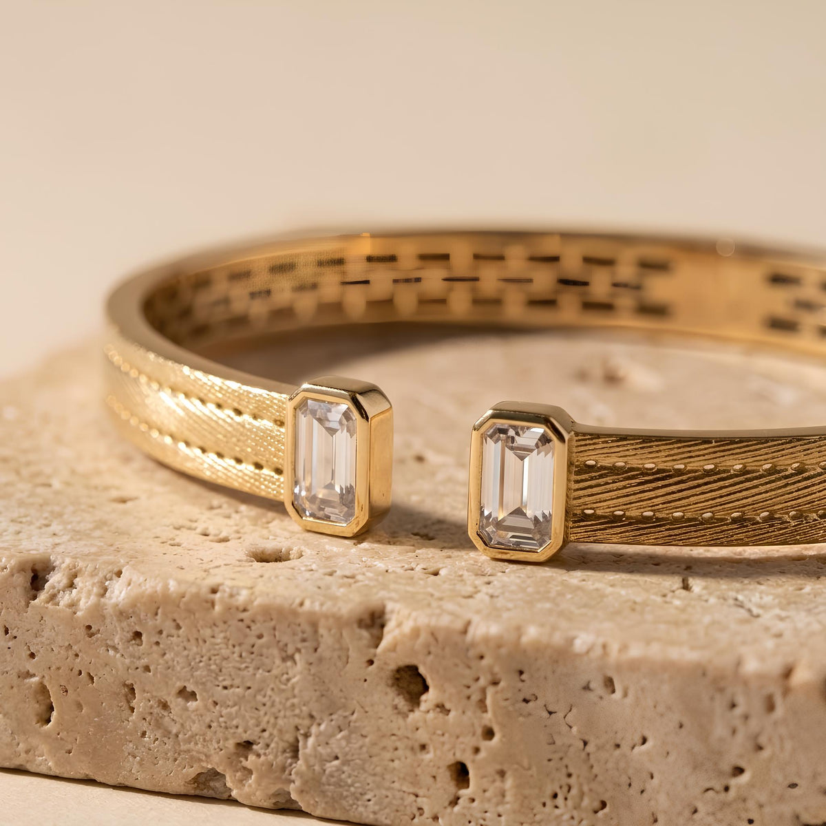 14K / 18K Solid Gold Emerald Cut Zircon Open Bangle
