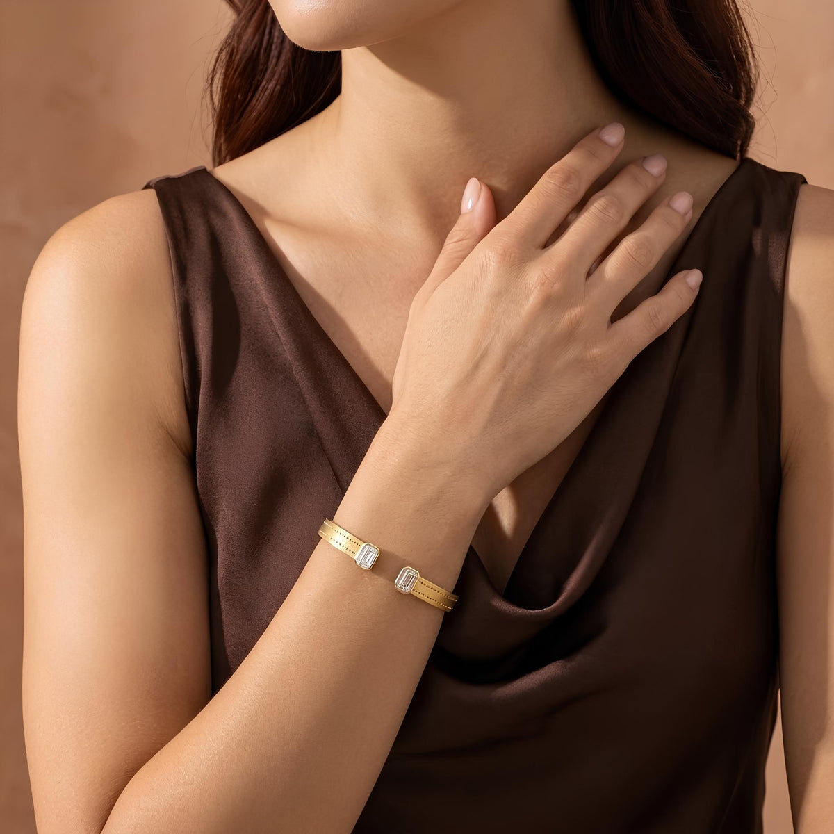 14K / 18K Solid Gold Emerald Cut Zircon Open Bangle