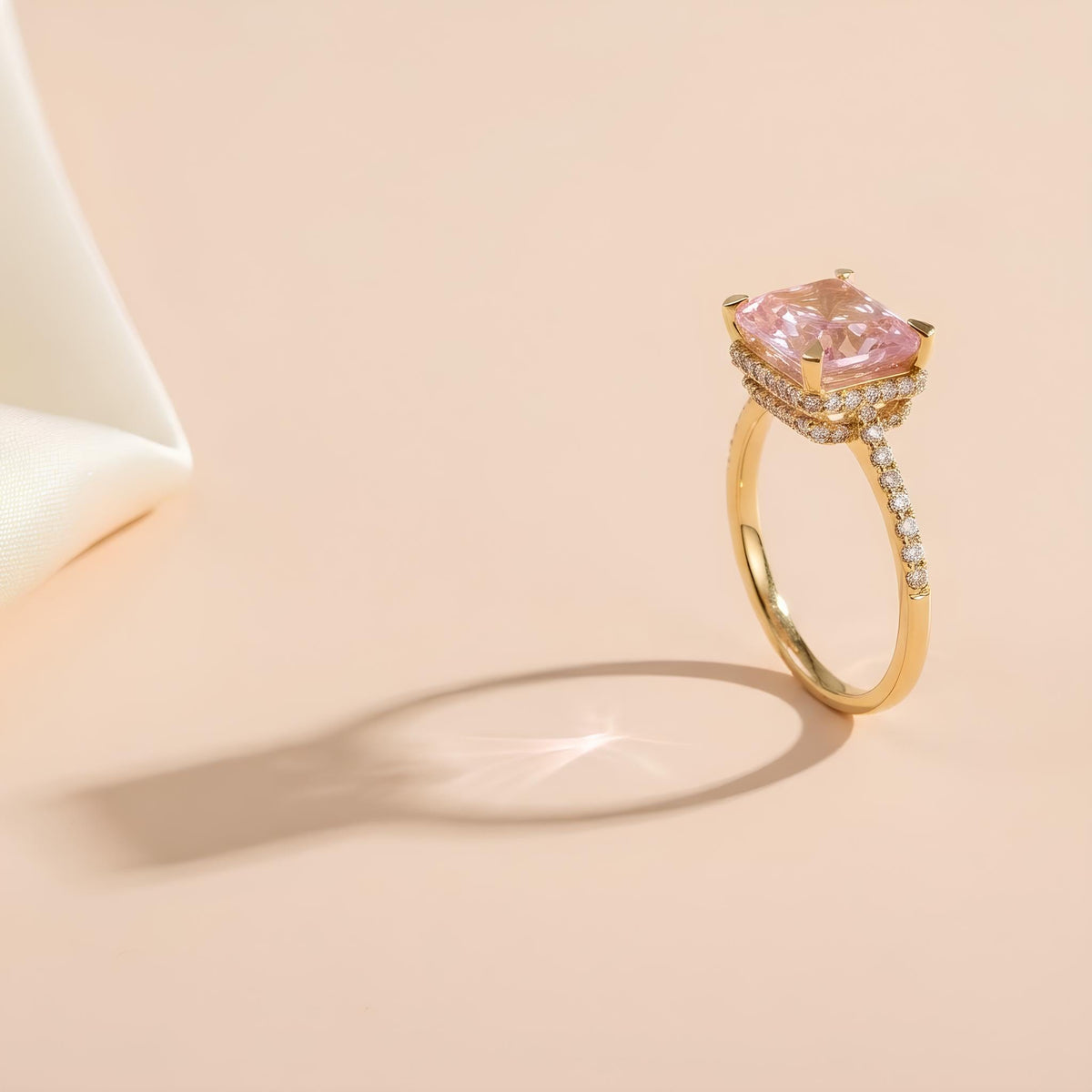 14K / 18K Solid Gold Pink Zircon Halo Ring