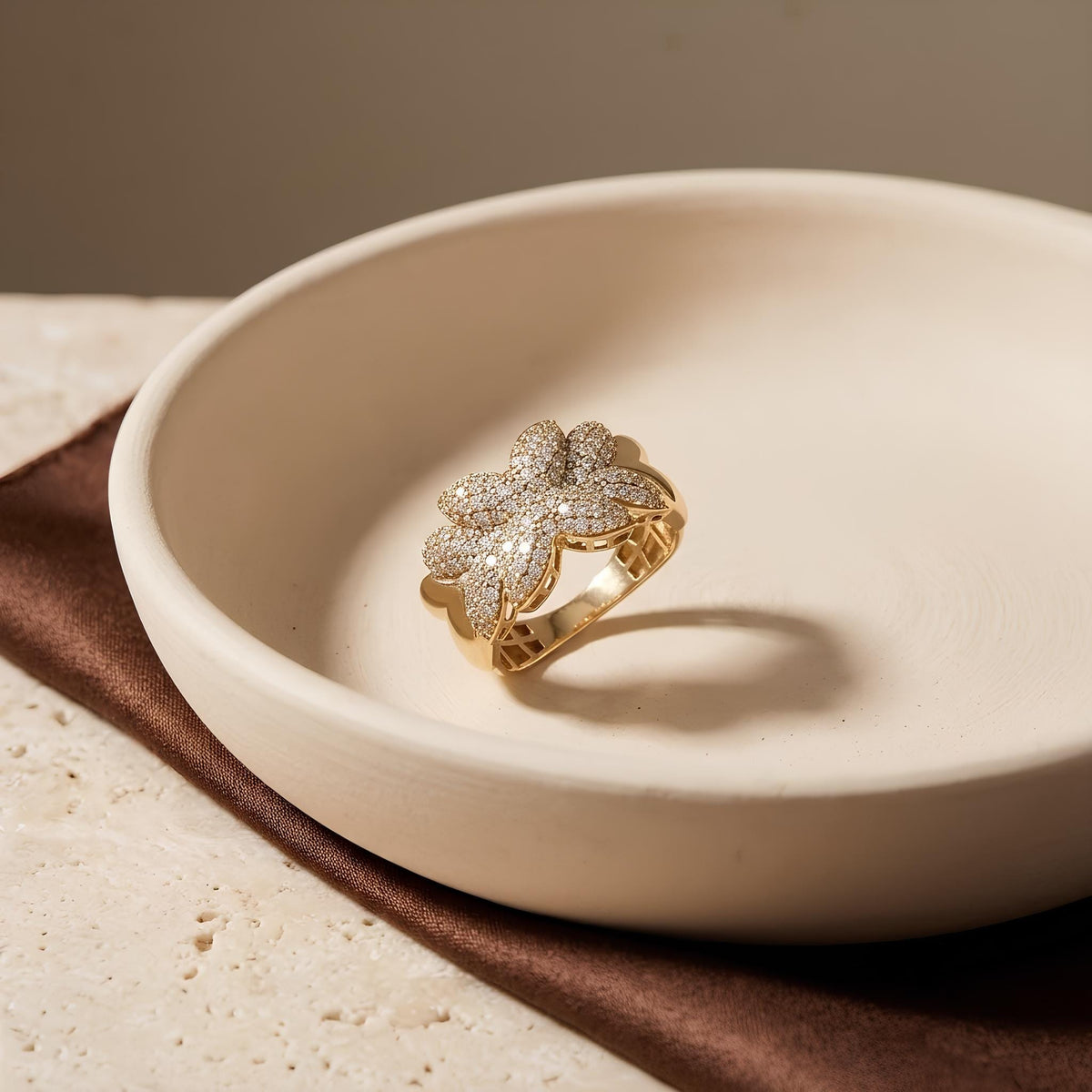14K / 18K Solid Gold Pave Flower Ring
