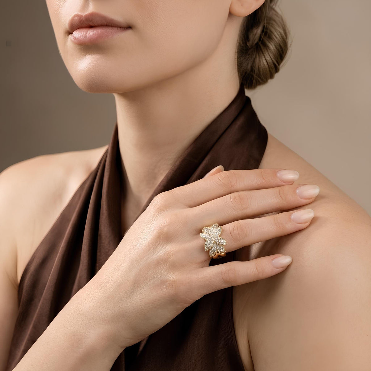 14K / 18K Solid Gold Pave Flower Ring