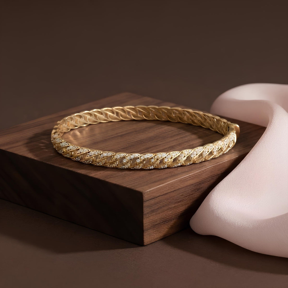 14K / 18K Solid Gold Pave Zircon Curb Bangle