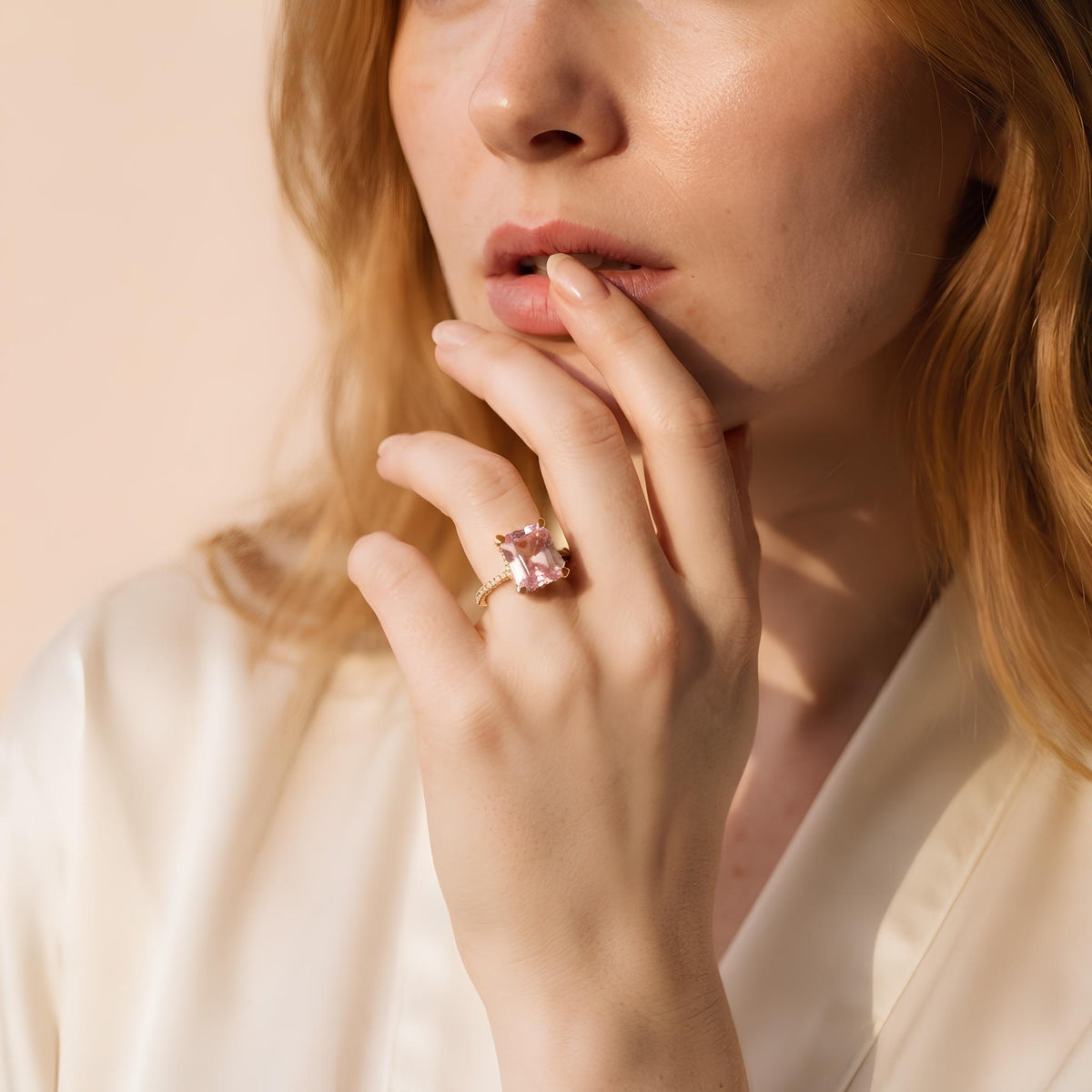 14K / 18K Solid Gold Pink Zircon Halo Ring