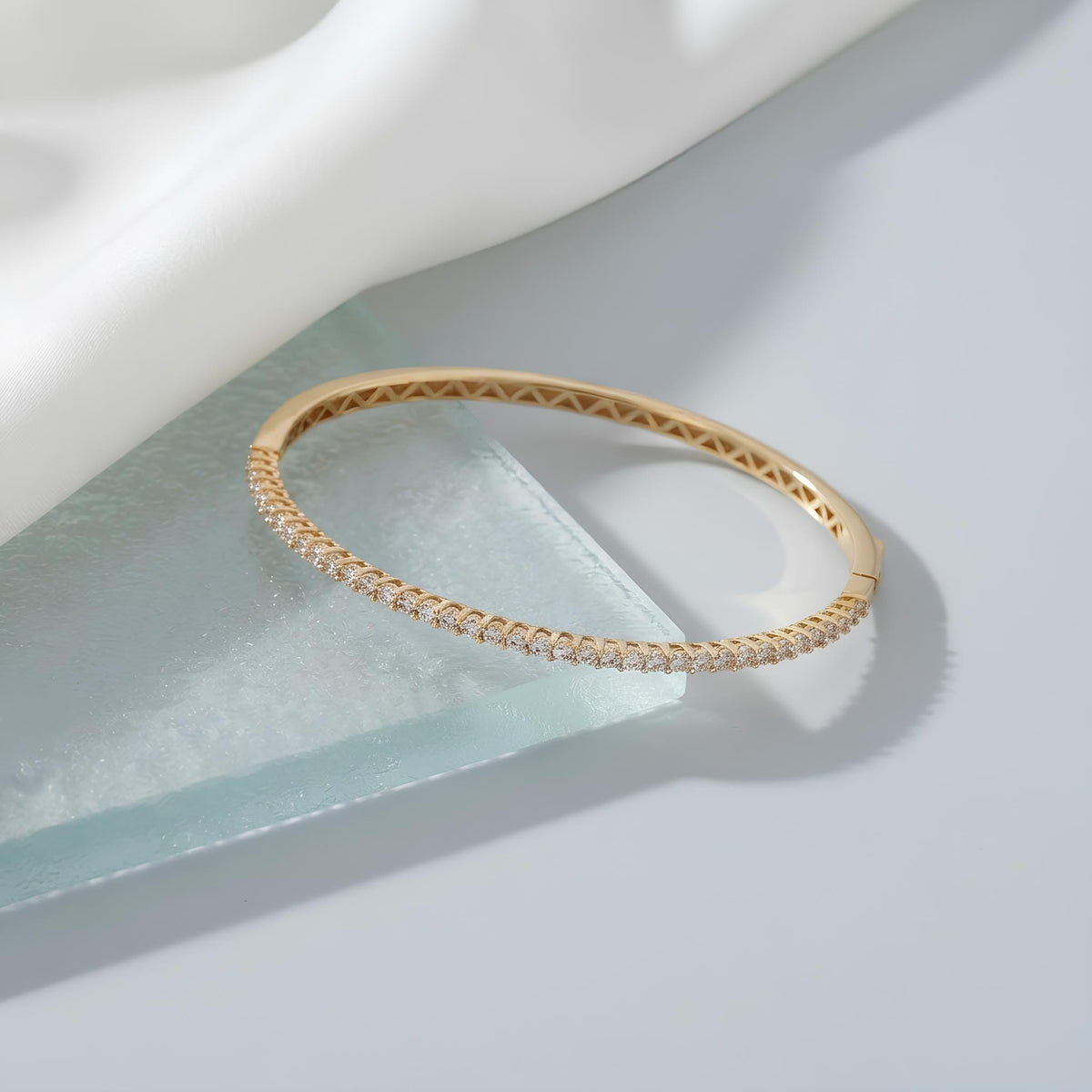 14K / 18K Solid Gold Pave Zircon Tennis Bangle