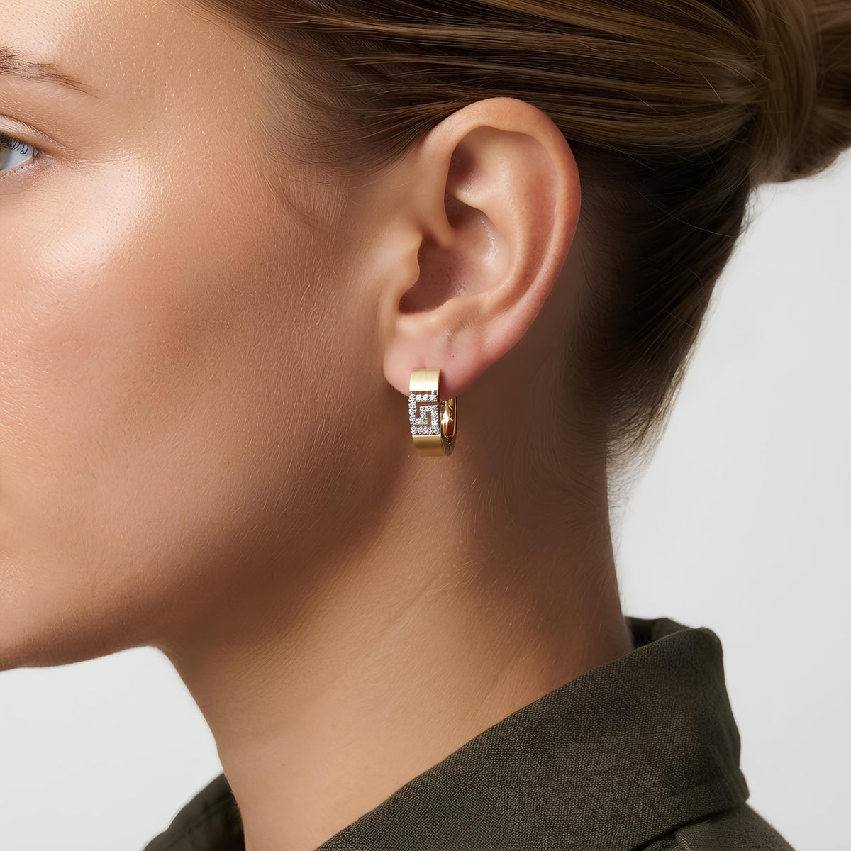 14K / 18K Solid Gold Greek Key Huggie Earrings
