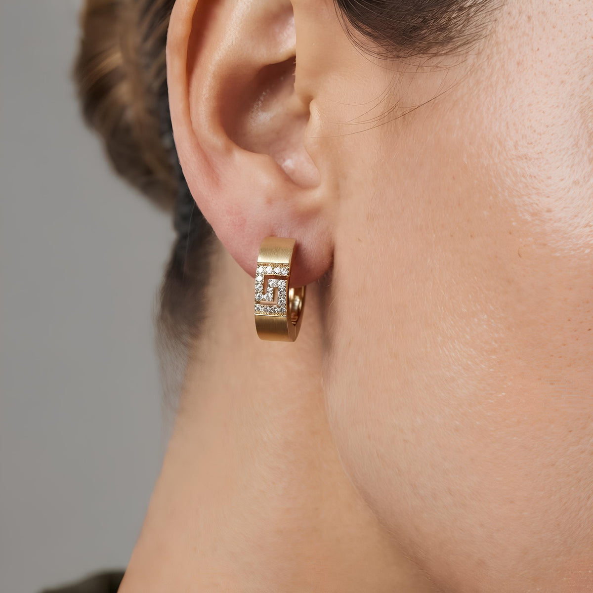 14K / 18K Solid Gold Greek Key Huggie Earrings