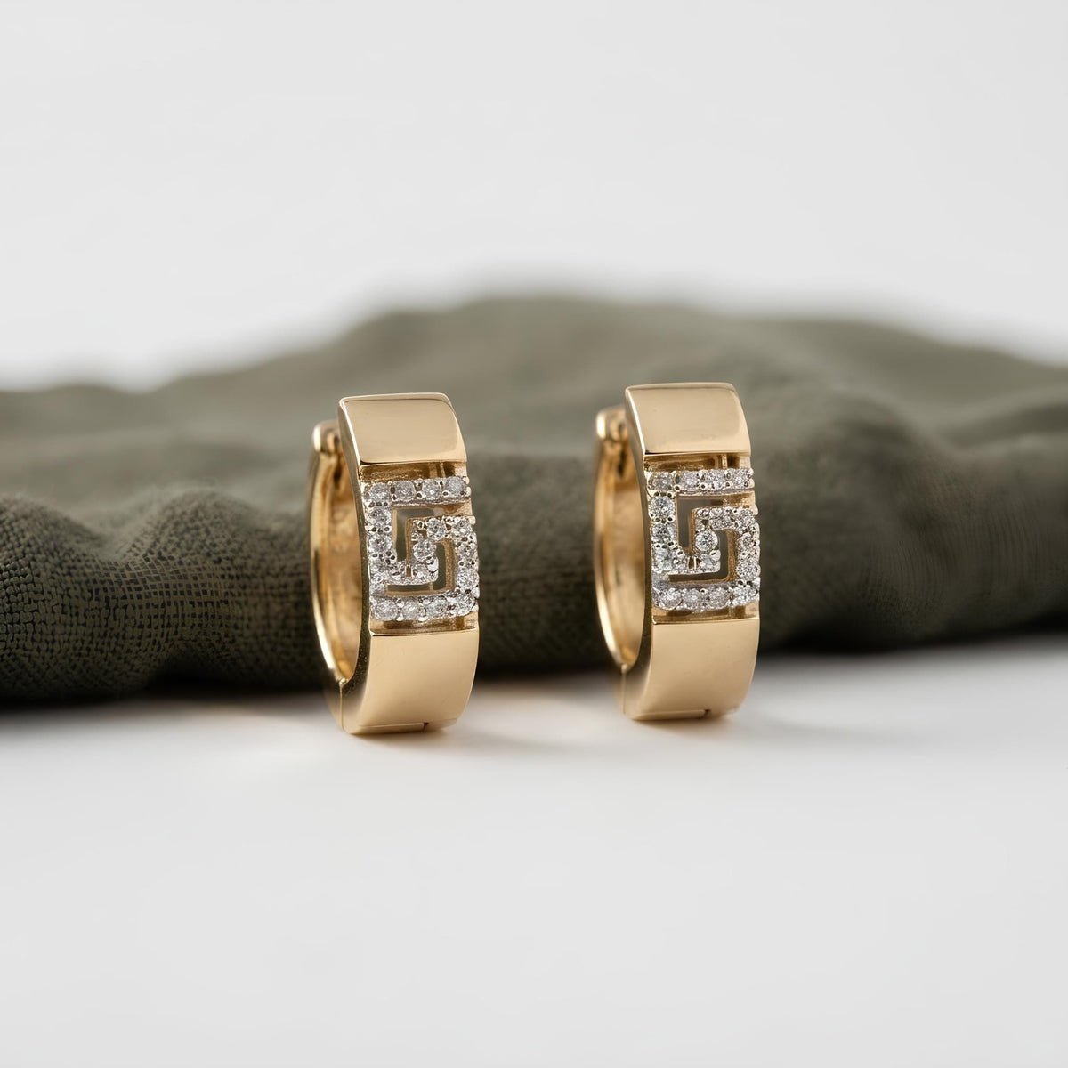 14K / 18K Solid Gold Greek Key Huggie Earrings
