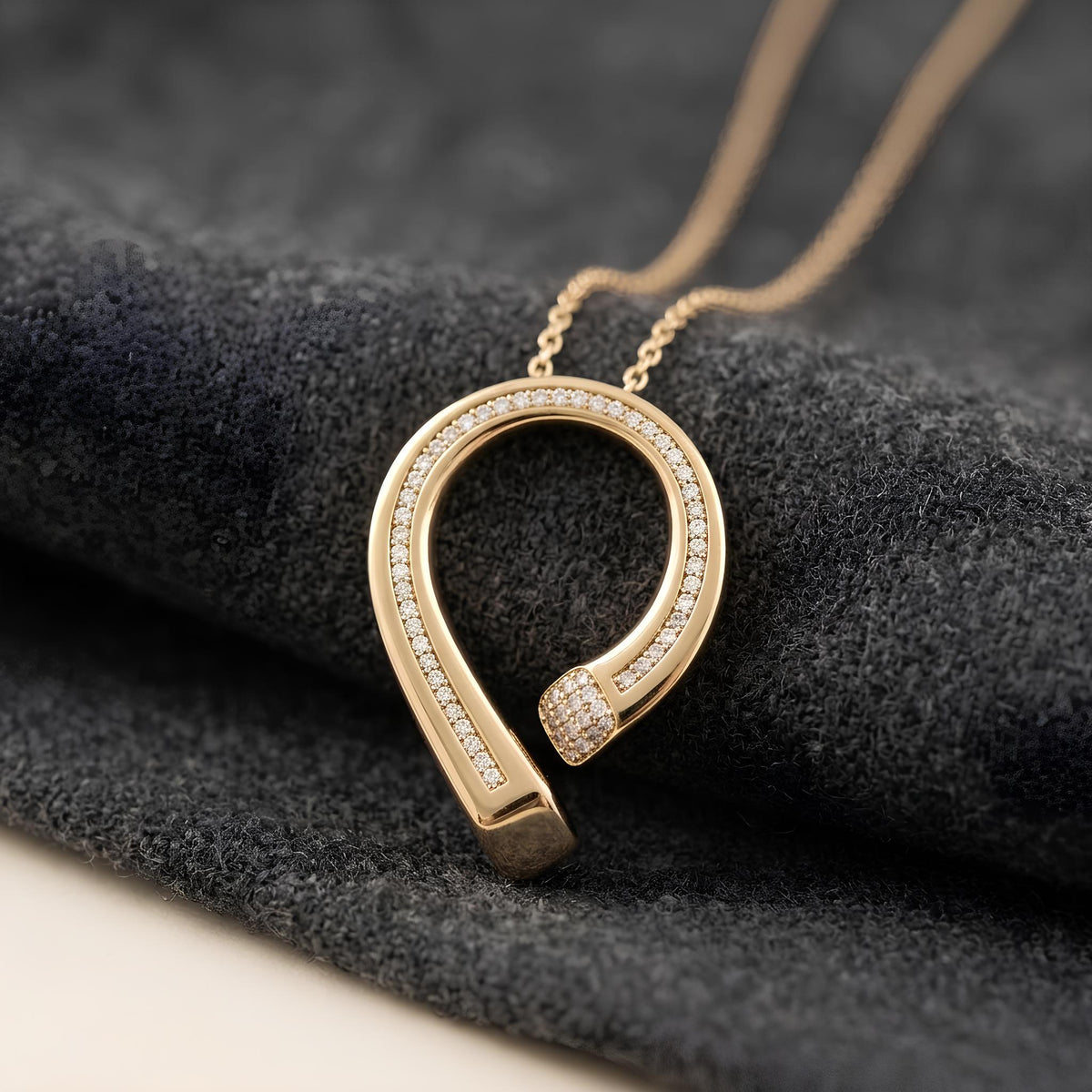 14K / 18K Solid Gold Pave Horseshoe Necklace