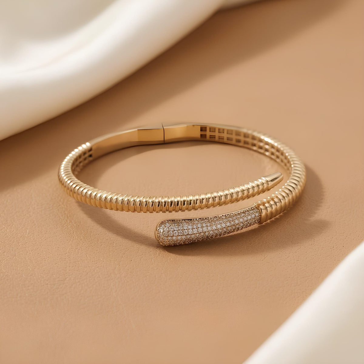 14K / 18K Solid Gold Zircon Bypass Bangle