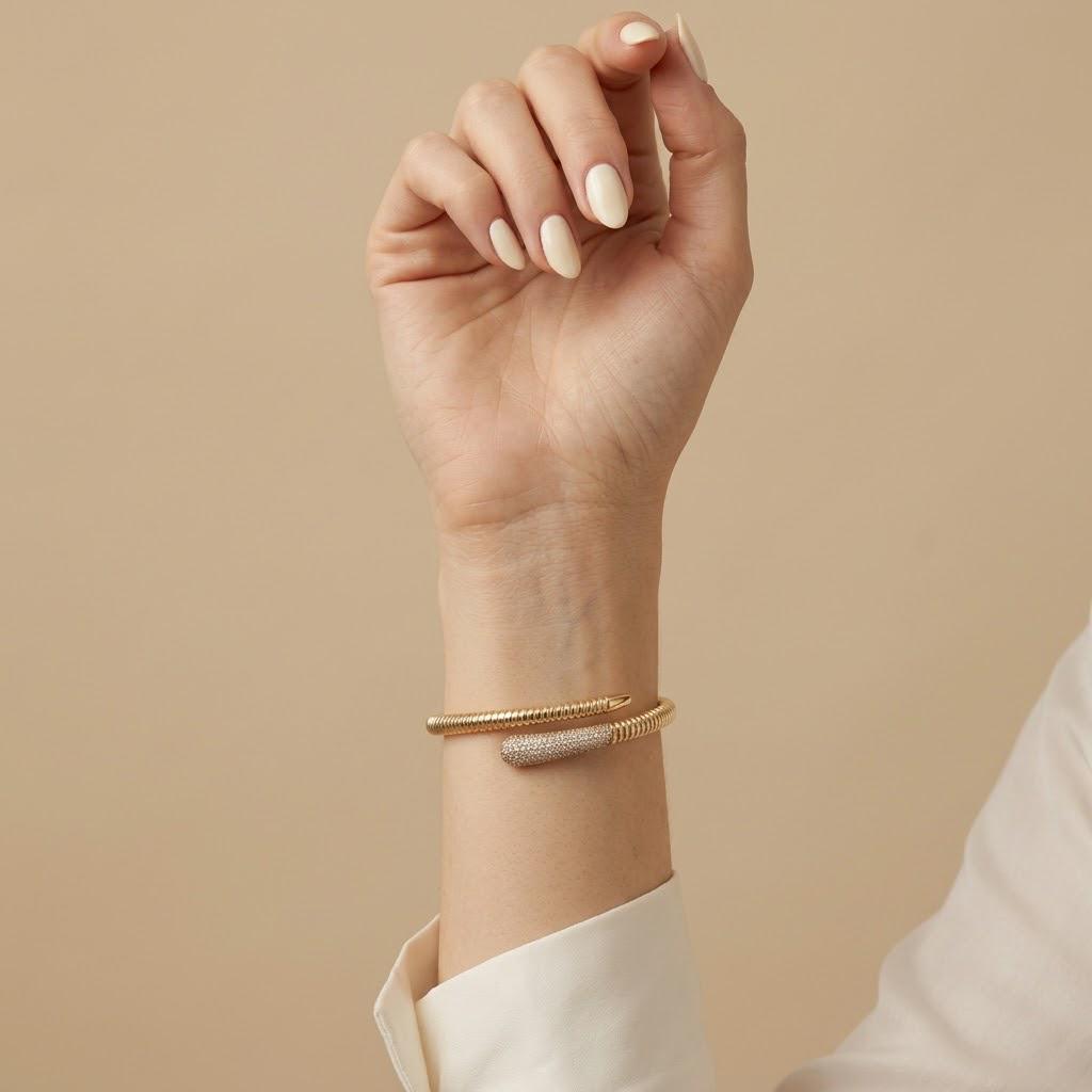 14K / 18K Solid Gold Zircon Bypass Bangle