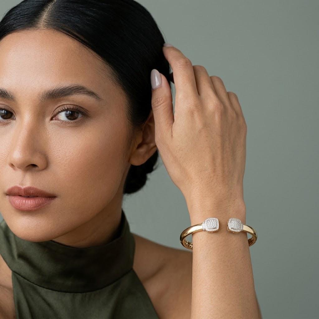 14K / 18K Solid Gold Cushion Halo Zircon Bangle