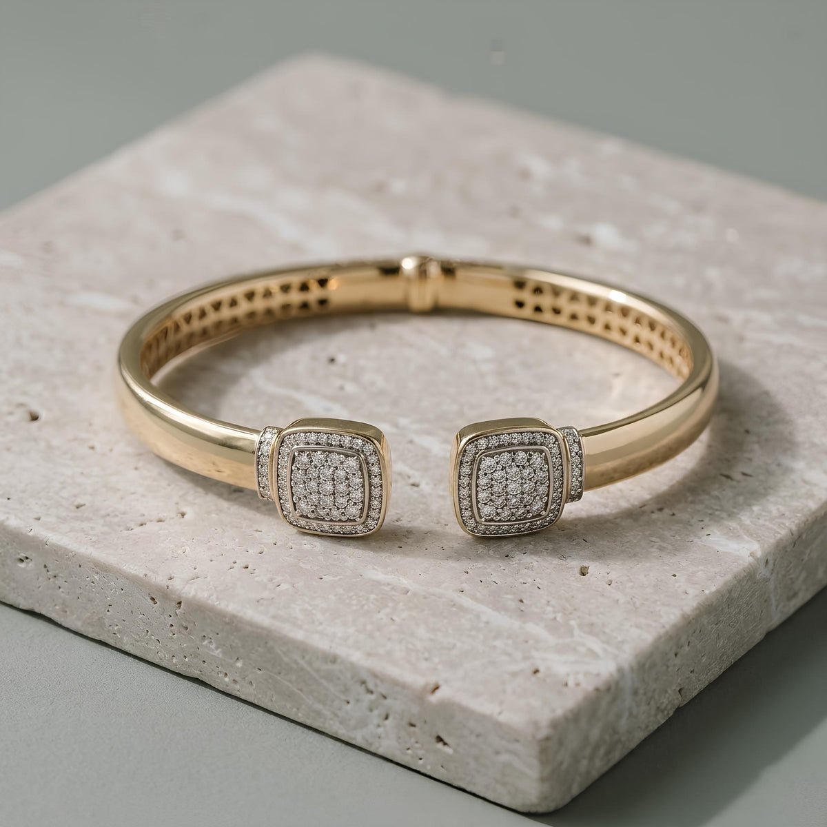 14K / 18K Solid Gold Cushion Halo Zircon Bangle