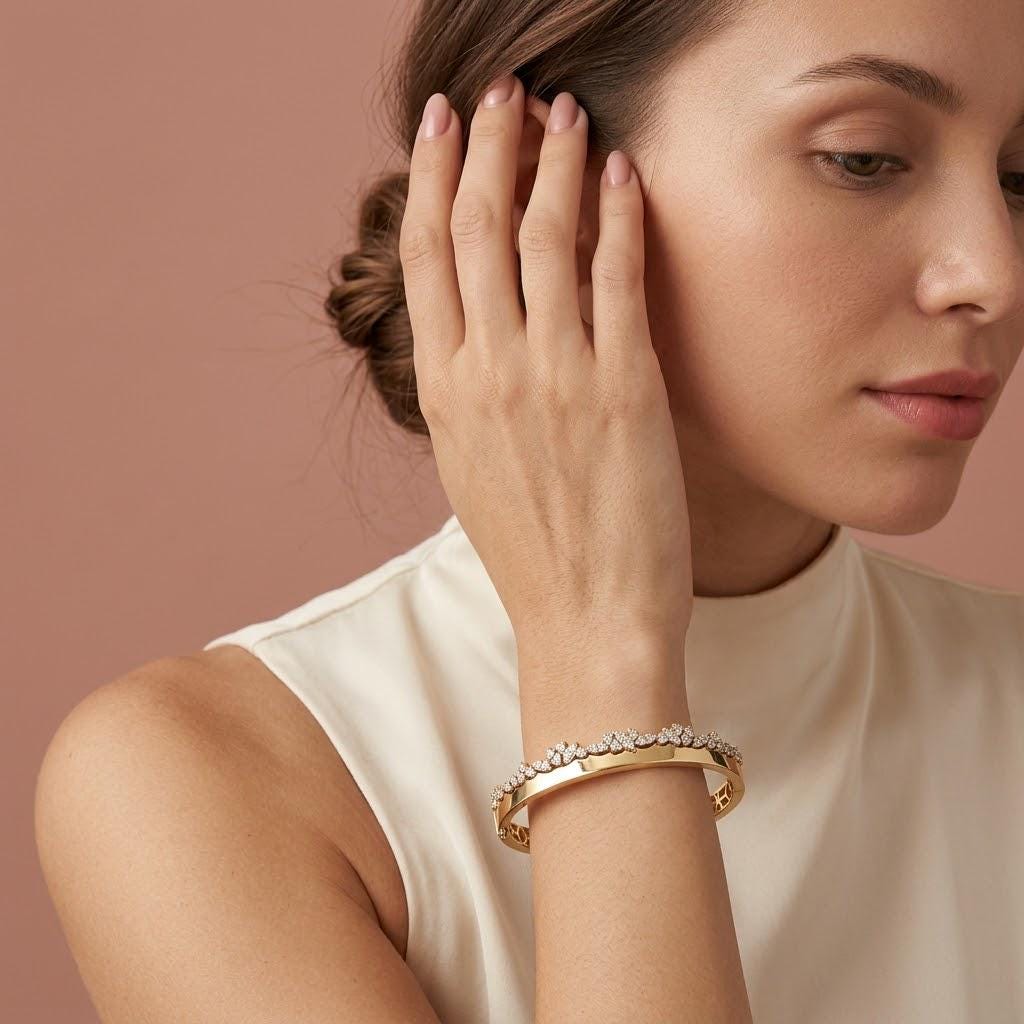 14K / 18K Solid Gold Pave Zircon Vine Bangle