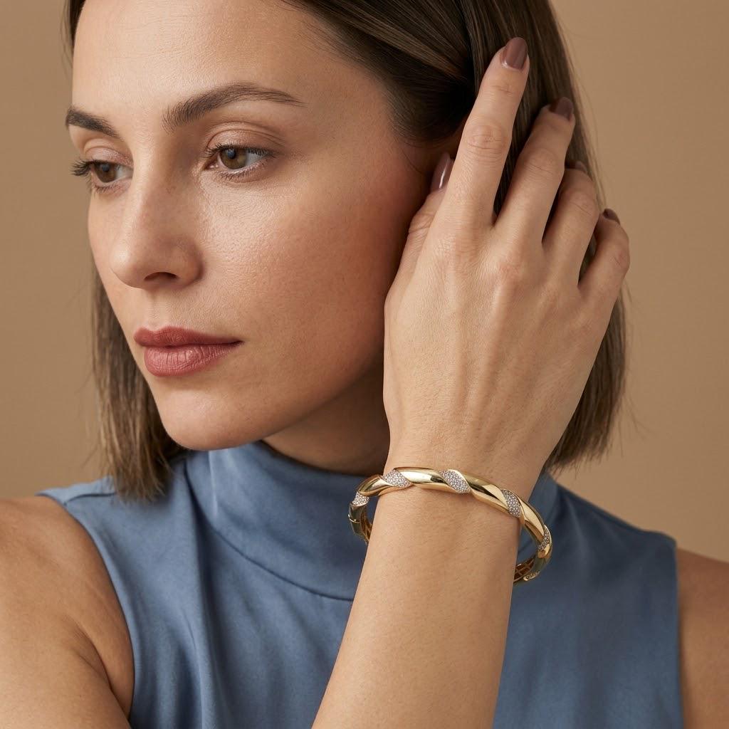 14K / 18K Solid Gold Twisted Pave Zircon Bangle